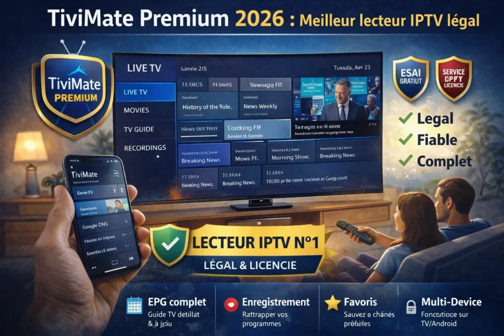 title : TiviMate Premium 2026 : Meilleur lecteur IPTV légal meta : Configuration TiviMate pour services IPTV légaux. EPG, enregistrement, multi-écrans. Android TV optimisé. foucs kayword : TiviMate Premium kyword : TiviMate Android TV , TiviMate EPG guide , TiviMate vs Smarters , TiviMate enregistrement , lecteur IPTV France